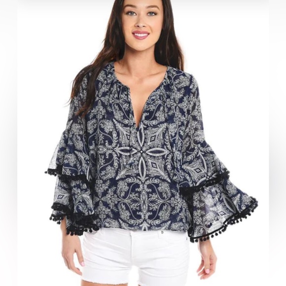 MISA Los Angeles Maya Bell Sleeve Peasant Top Blue/White Sz M - Picture 1 of 14